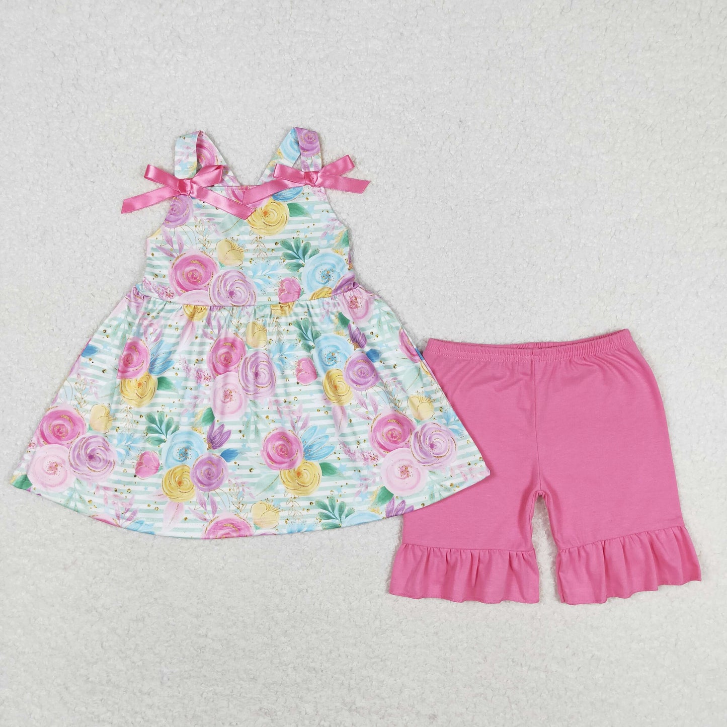 rts no moq GSSO1007 Colorful floral striped pink bow sleeveless shorts suit