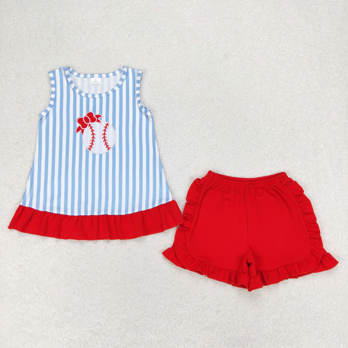 rts no moq GSSO1019 Embroidered Bow Baseball Blue Striped Sleeveless Red Shorts Set