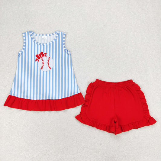 rts no moq GSSO1019 Embroidered Bow Baseball Blue Striped Sleeveless Red Shorts Set