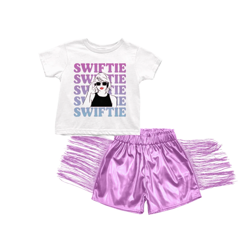 GSSO1029 taylor swift white top +purple tassel leather shorts suit