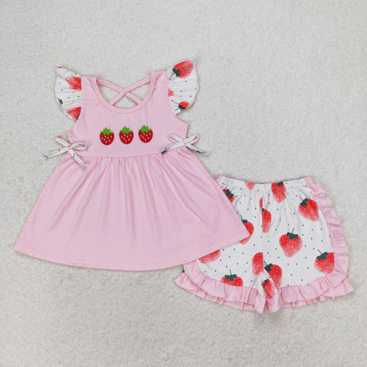 RTS no moq GSSO1054 Embroidered strawberry pink flying sleeve shorts set