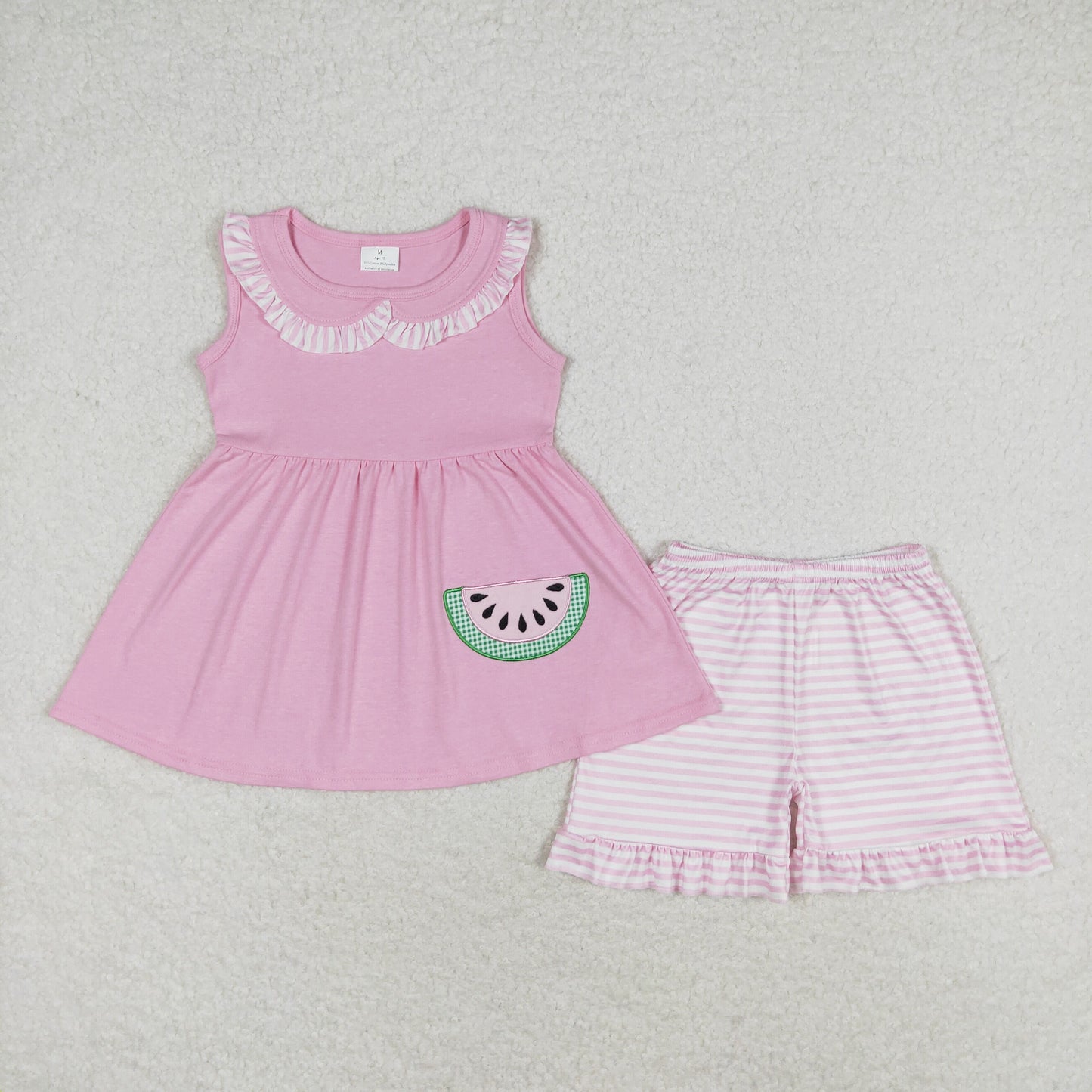 rts no moq GSSO1055 Embroidered Watermelon Stripe Lace Doll Collar Pink Sleeveless Shorts Set