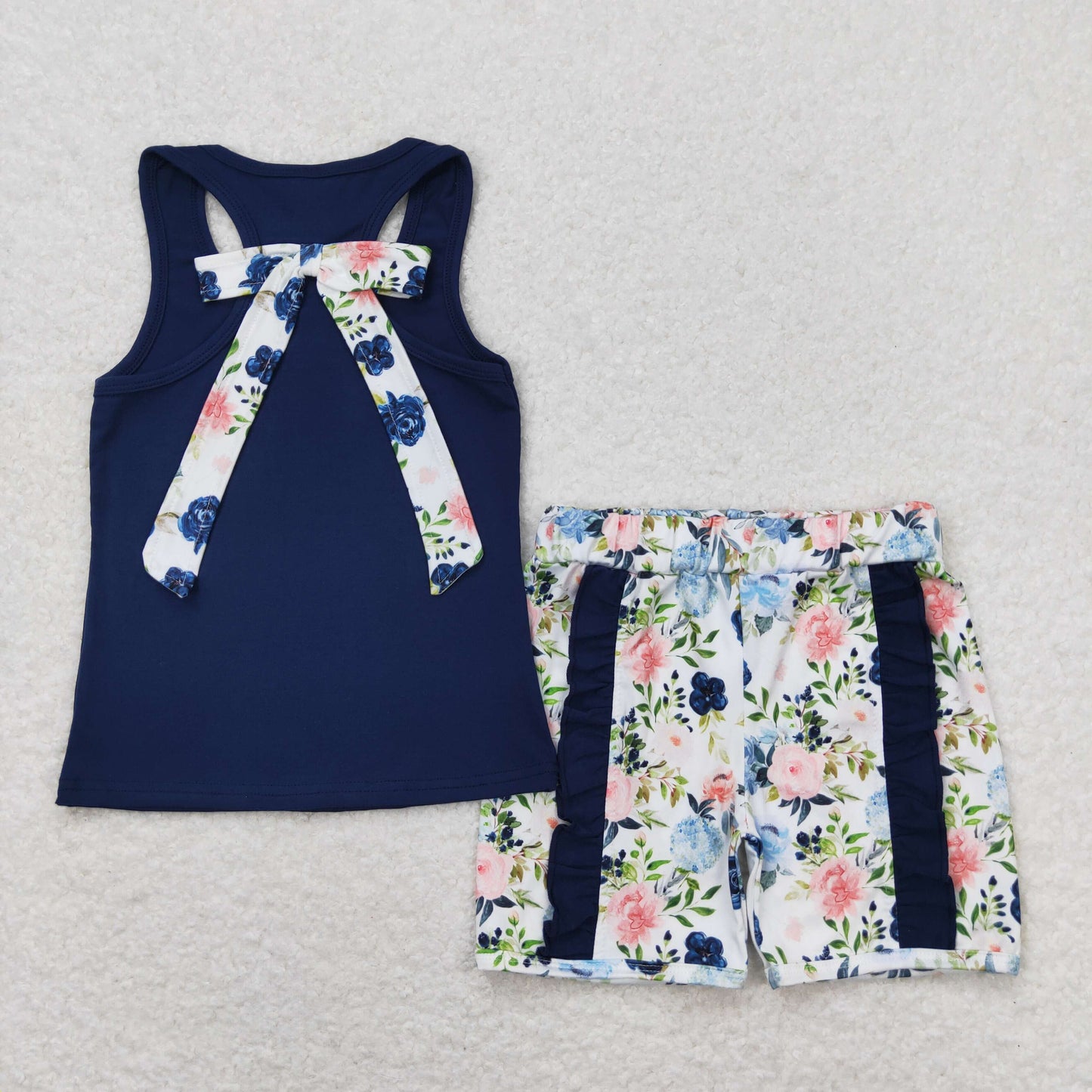 rts no moq GSSO1062 Flower bow solid color sleeveless navy blue lace shorts sets