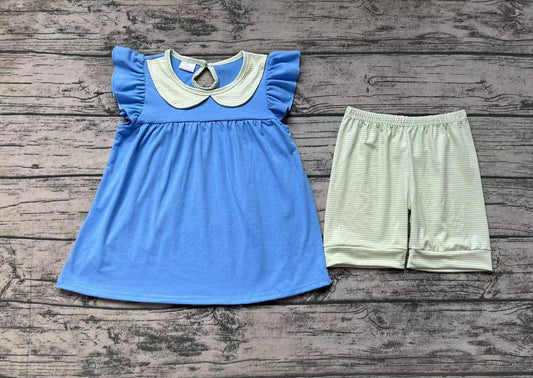 GSSO1067 pre-order baby girl clothes green Striped Baby Face Pink blue Flying Sleeve Shorts Set