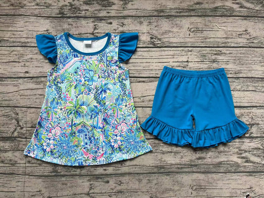 GSSO1084 pre-order baby girl clothes floral pattern blue short-sleeved summer outfit