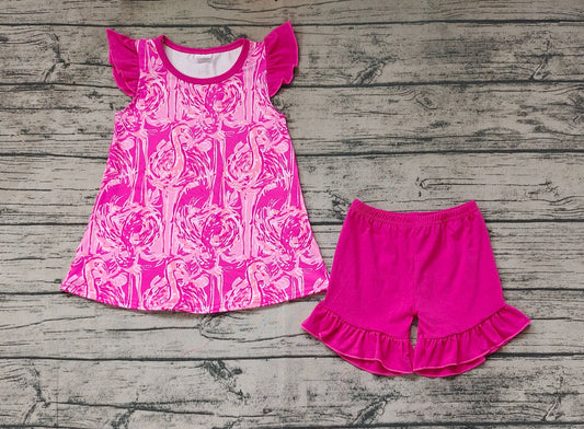 GSSO1087 pre-order baby girl clothes Flamingo rose red short-sleeved sets