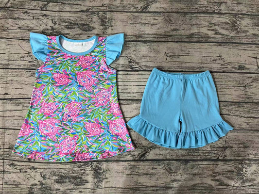 GSSO1095 pre-order baby girl clothes Turtle seaweed blue short-sleeved sets