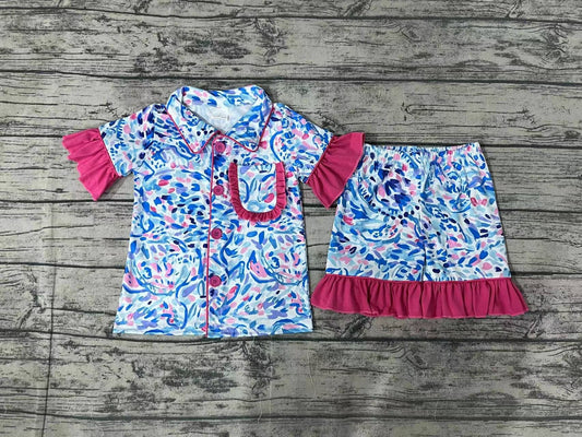 GSSO1096 pre-order baby girl clothes Turtle Deep Sea Pattern Rose Red Lace Short Sleeve Shorts Pajama Set