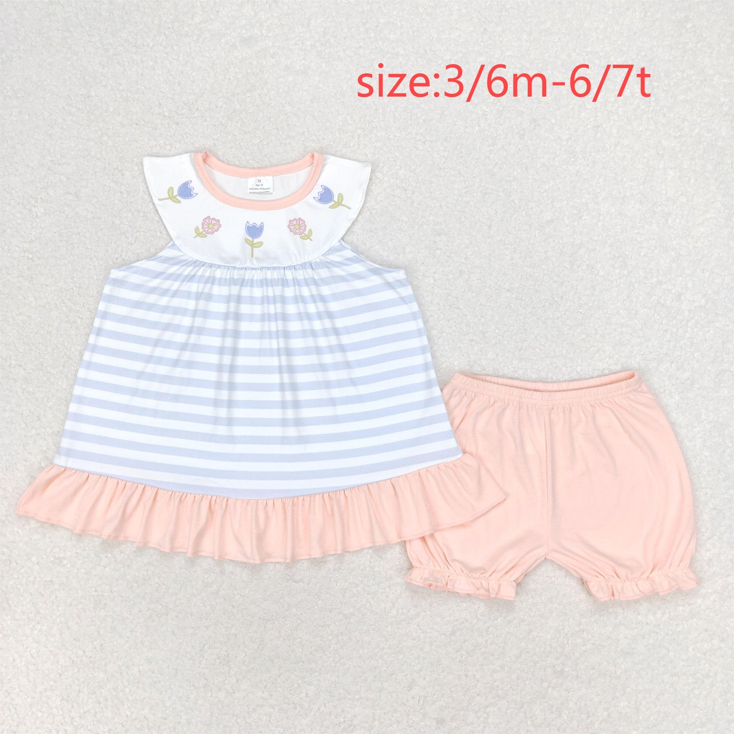 RTS NO MOQ GSSO1101 Flower Blue and White Striped Sleeveless Shorts Set