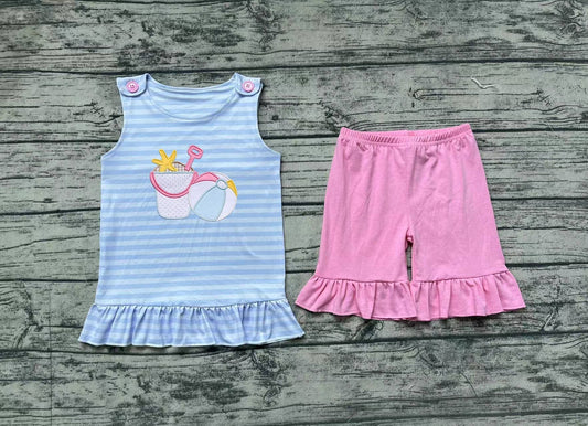 GSSO1102 pre-order baby girl clothes Beach Ball Starfish Bucket Blue and White Striped Sleeveless Pink Shorts Set