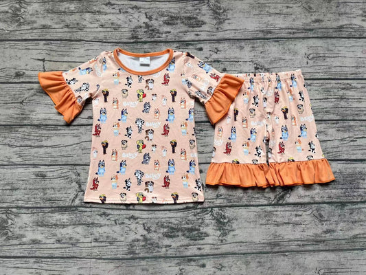 GSSO1104 pre-order baby girl clothes bluey orange lace short-sleeved shorts pajama set