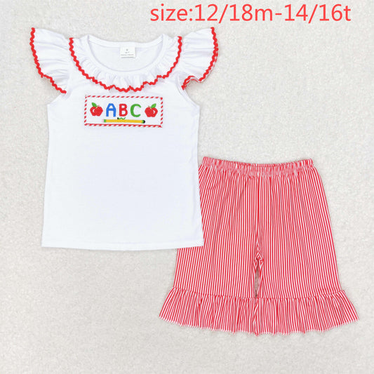 RTS no moq GSSO1115 Embroidered ABC apple pencil white flying sleeve red plaid shorts set