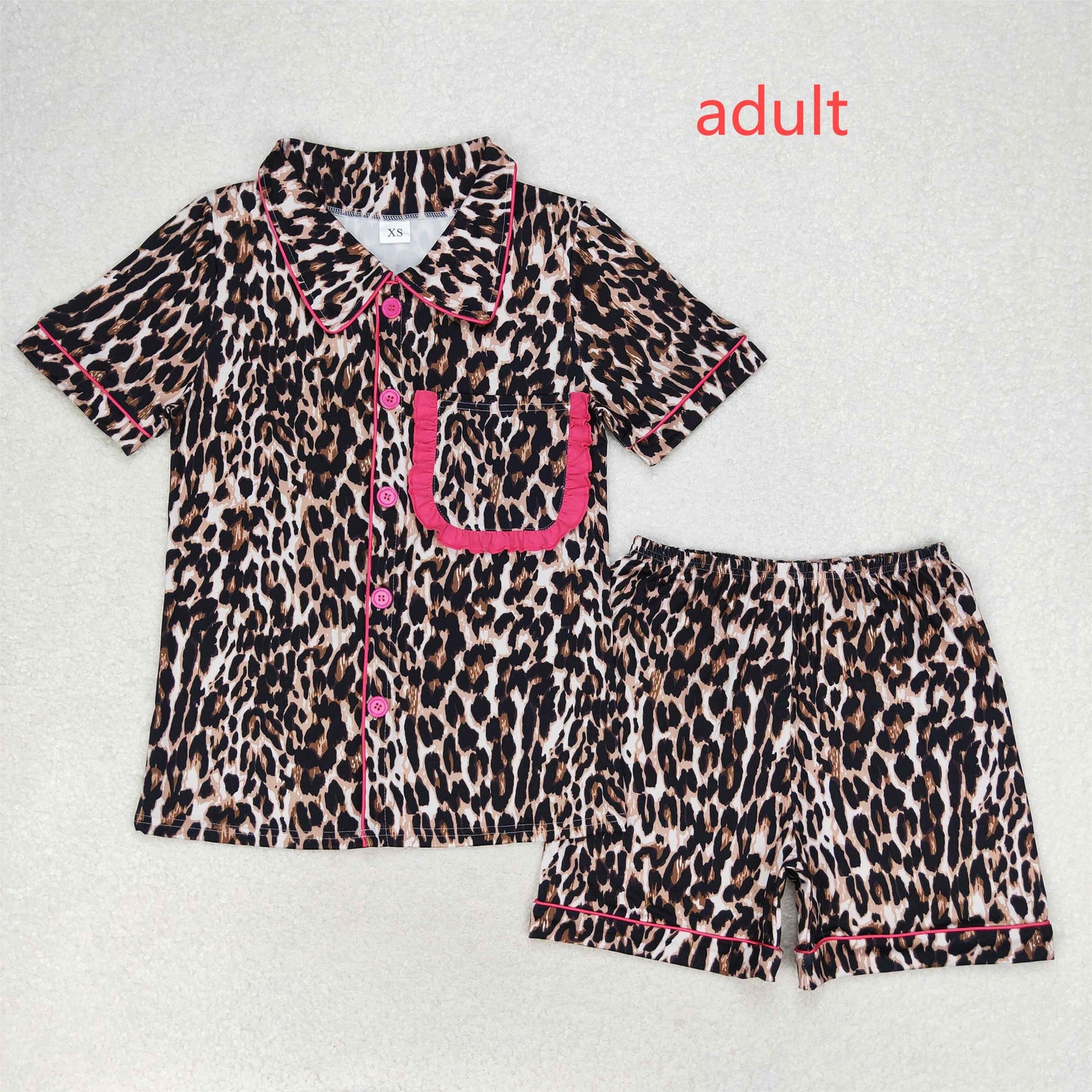 RTS NO MOQ Sibling Adult Girls Button Cardigan Short Sleeve Shorts Pajama Set: Leopard & Geometric Stripes