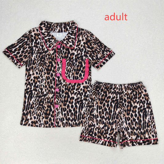 rts no moq GSSO1122 Adult female leopard print rose red lace short sleeve shorts pajama set