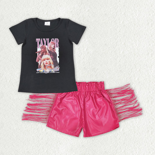 rts no moq GT0572+SS0223 Taylor black short-sleeved top with lettering Rose red shiny leather tassel shorts sets