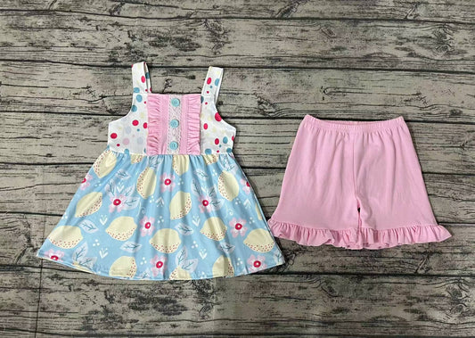 GSSO1133 pre-order baby girl clothes Lemon Blossom Sleeveless Pink Shorts Set