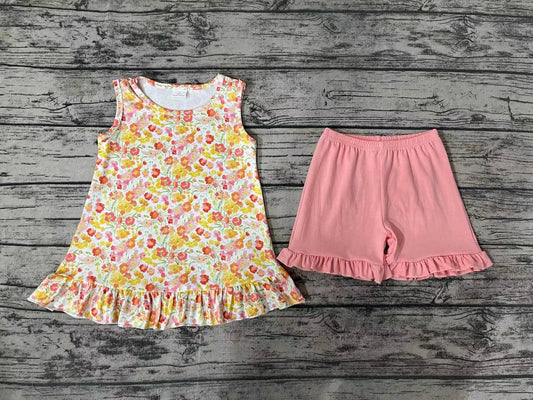 GSSO1135 pre-order baby girl clothes Yellow-orange floral sleeveless pink shorts suit