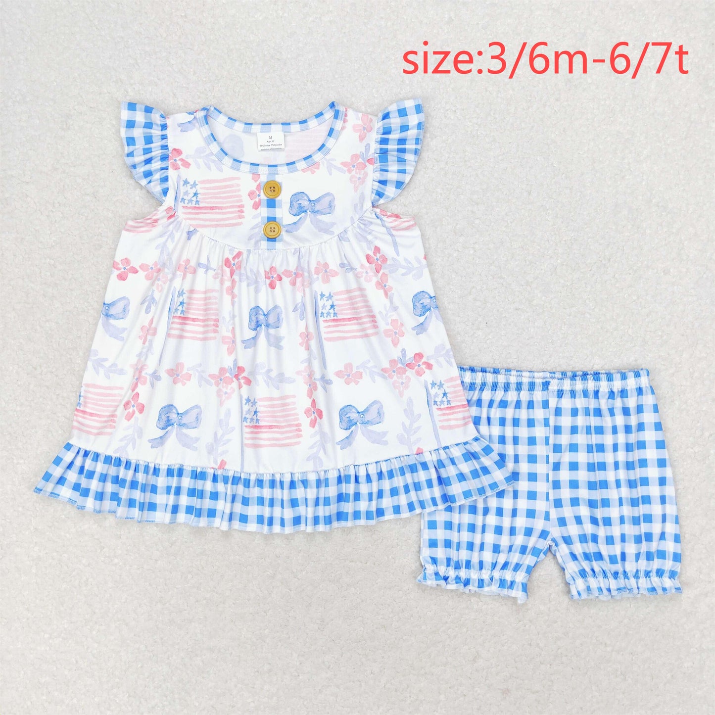 RTS no moq GSSO1139 flower blue bow flag plaid flying sleeve shorts set