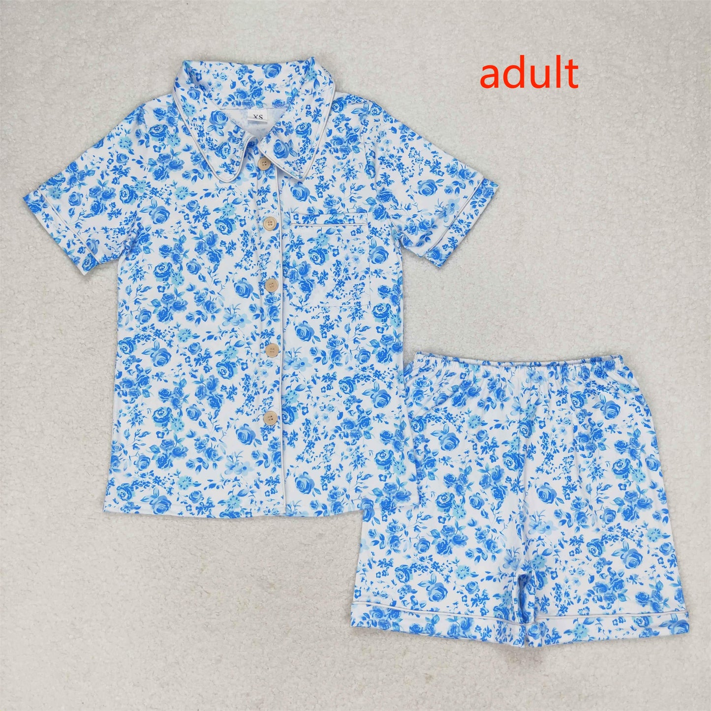 rts no moq GSSO1148 Adult women's blue flower white short-sleeved shorts pajama set