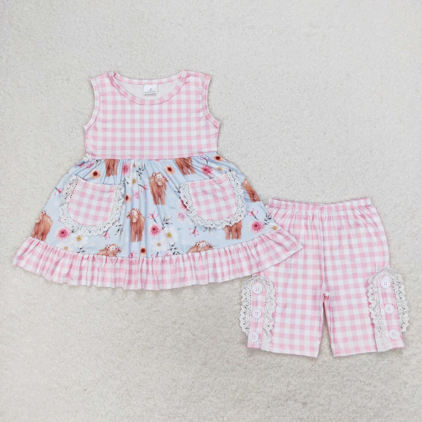 RTS no moq GSSO1161 alpine bull head flower pink and white plaid pocket light blue sleeveless shorts set