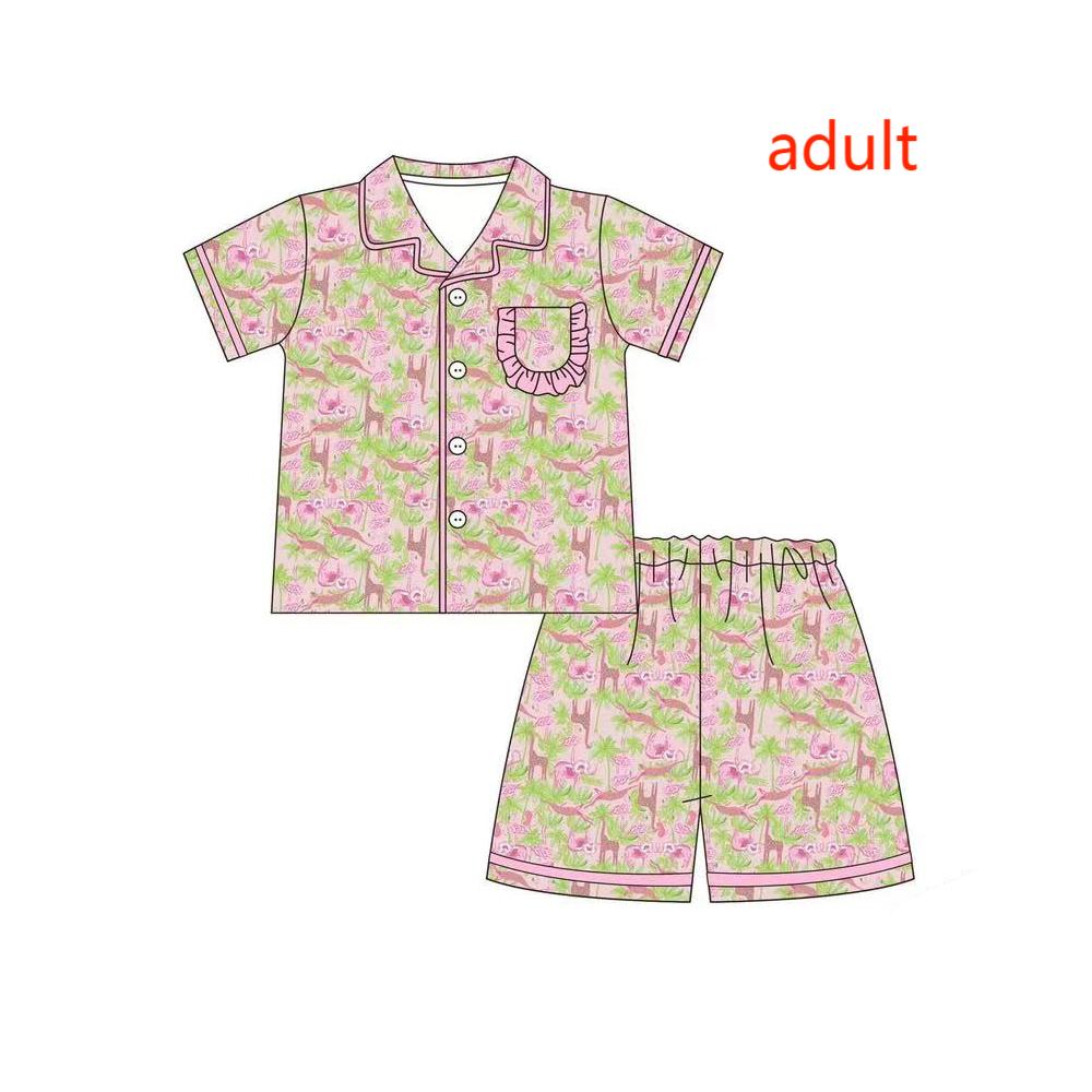 GSSO1167 Adult Female Giraffe Animal Pink Lace Short Sleeve Shorts Pajama Set