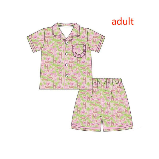 GSSO1167 Adult Female Giraffe Animal Pink Lace Short Sleeve Shorts Pajama Set