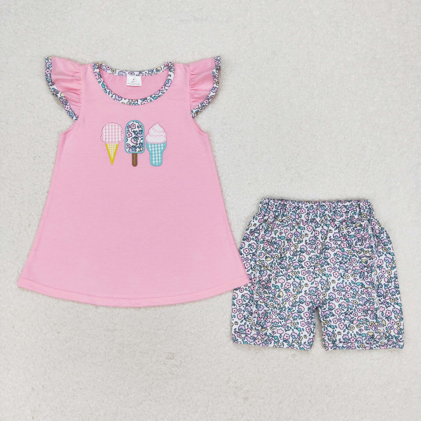 rts no moq GSSO1193 Embroidered ice cream flower popsicle pink flying sleeve shorts set