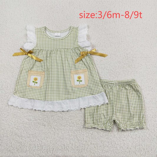 RTS no moq GSSO1196 Sunflower flower pocket lace plaid sleeveless shorts set