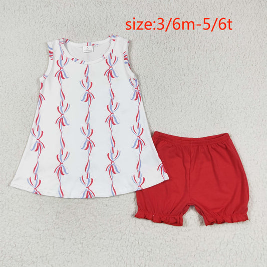 rts no moq GSSO1199 National Day bow pattern white sleeveless red shorts suit