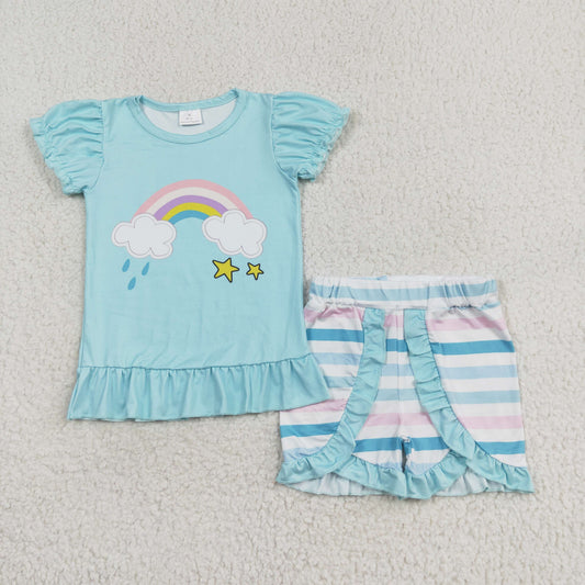 RTS no moq GSSO1227 Rainbow cloud blue short-sleeved striped shorts set