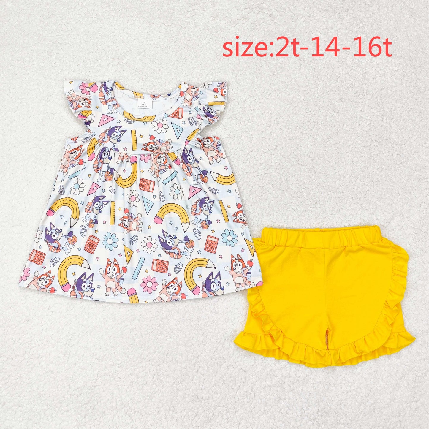 rts no moq GSSO1246 bluey flower pencil plaid flying sleeve yellow shorts set