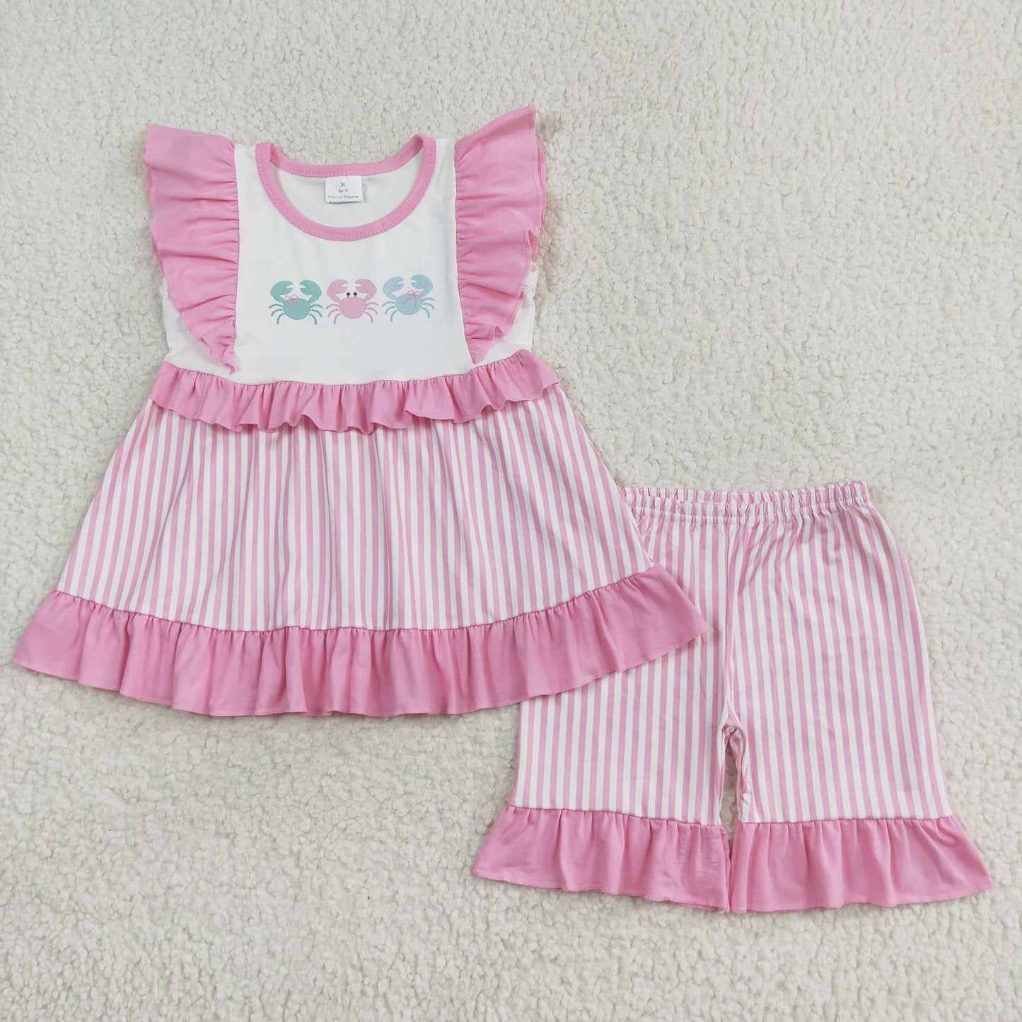 RTS no moq GSSO1258 Crab pink lace striped flying sleeve shorts set