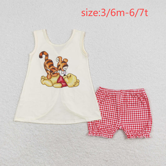 RTS no moq GSSO1282 Winnie the Pooh bow sleeveless beige red plaid shorts set