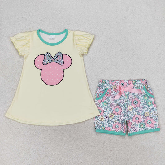 RTS no moq GSSO1308 Mickey Bow Yellow Short Sleeve Flower Shorts Set