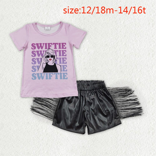 GT0505+SS0094 swiftie letter pink short sleeve top Black shiny leather fringed shorts