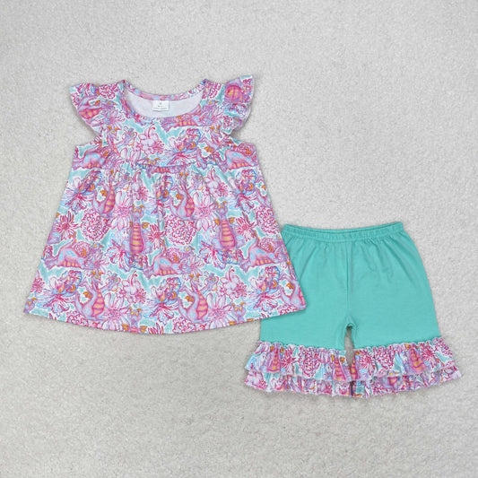 rts no moq GSSO1356 Flower dinosaur flying sleeve lake green shorts set