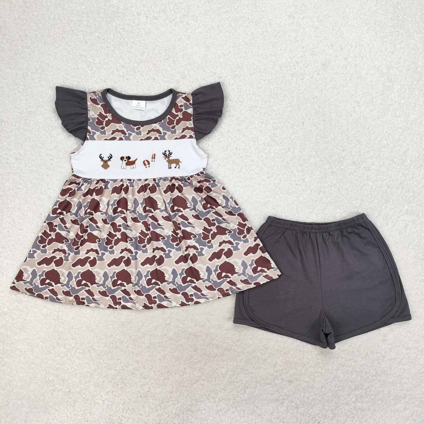 RTS no moq GSSO1358 Embroidered elk puppy camouflage charcoal gray flying sleeve shorts set