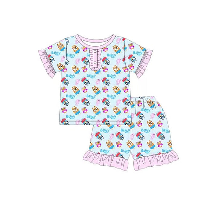 GSSO1363 pre-order baby girl clothes bluey pink lace light blue short-sleeved shorts pajama set