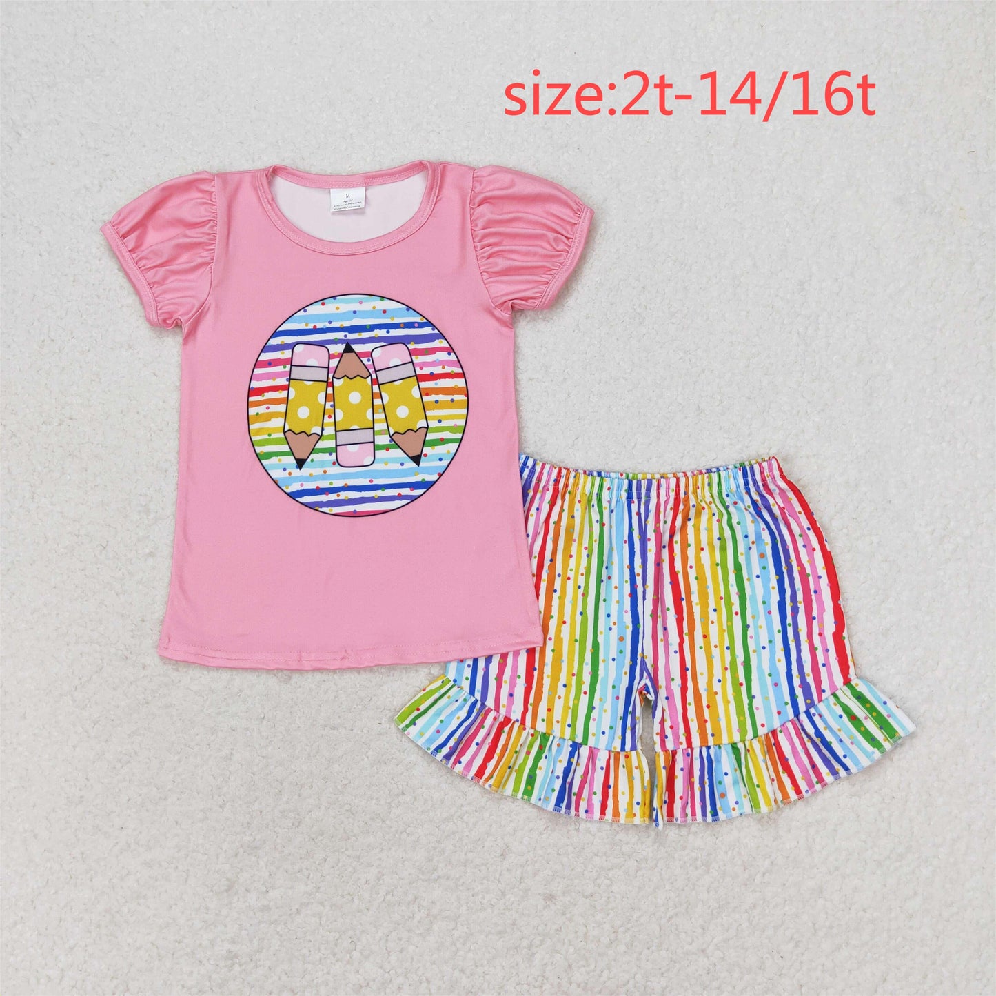 RTS NO MOQ GSSO1366 Pencil Color Striped Pink Short Sleeve Shorts Set