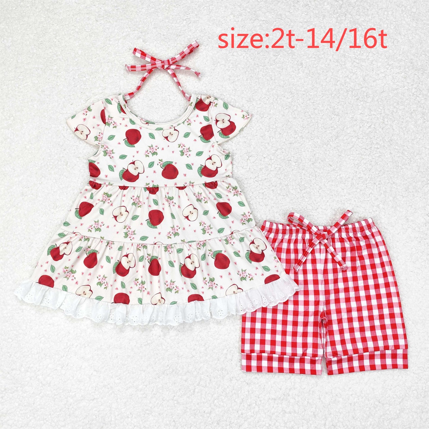 rts no moq GSSO1416 Apple leaf lace flying sleeves red plaid shorts set