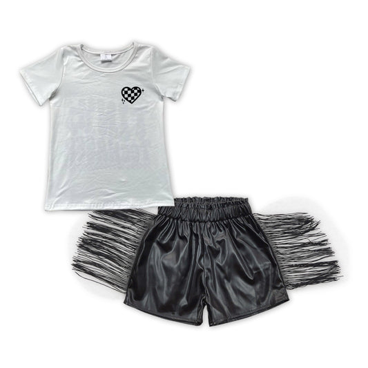 GT0527+SS0094 tiny teenager black and white plaid love short-sleeved top Black shiny leather fringed shorts