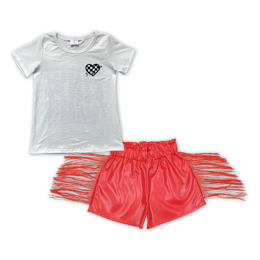 GT0527+SS0252  tiny teenager black and white plaid love short-sleeved top Red shiny leather fringed shorts