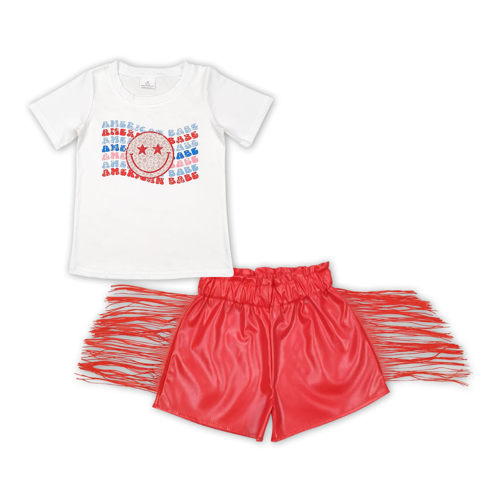 GT0502+SS0252 american babe leopard print smiley white short-sleeved top Red shiny leather fringed shorts