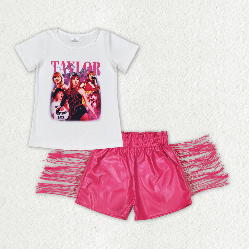 rts no moq GT0604+SS0223 Taylor white short-sleeved top with lettering Rose red shiny leather tassel shorts sets
