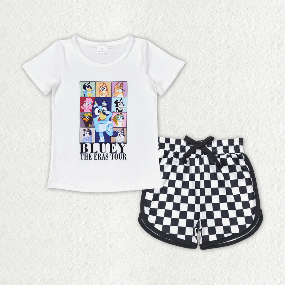 RTS no moq GT0595+SS0278 bluey white short-sleeved top black and white plaid lace-up shorts sets