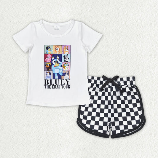 RTS no moq GT0595+SS0278 bluey white short-sleeved top black and white plaid lace-up shorts sets