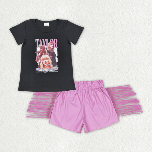 RTS NO MOQ GT0572+SS0222 Taylor black short-sleeved top with lettering Pink shiny leather tassel shorts sets