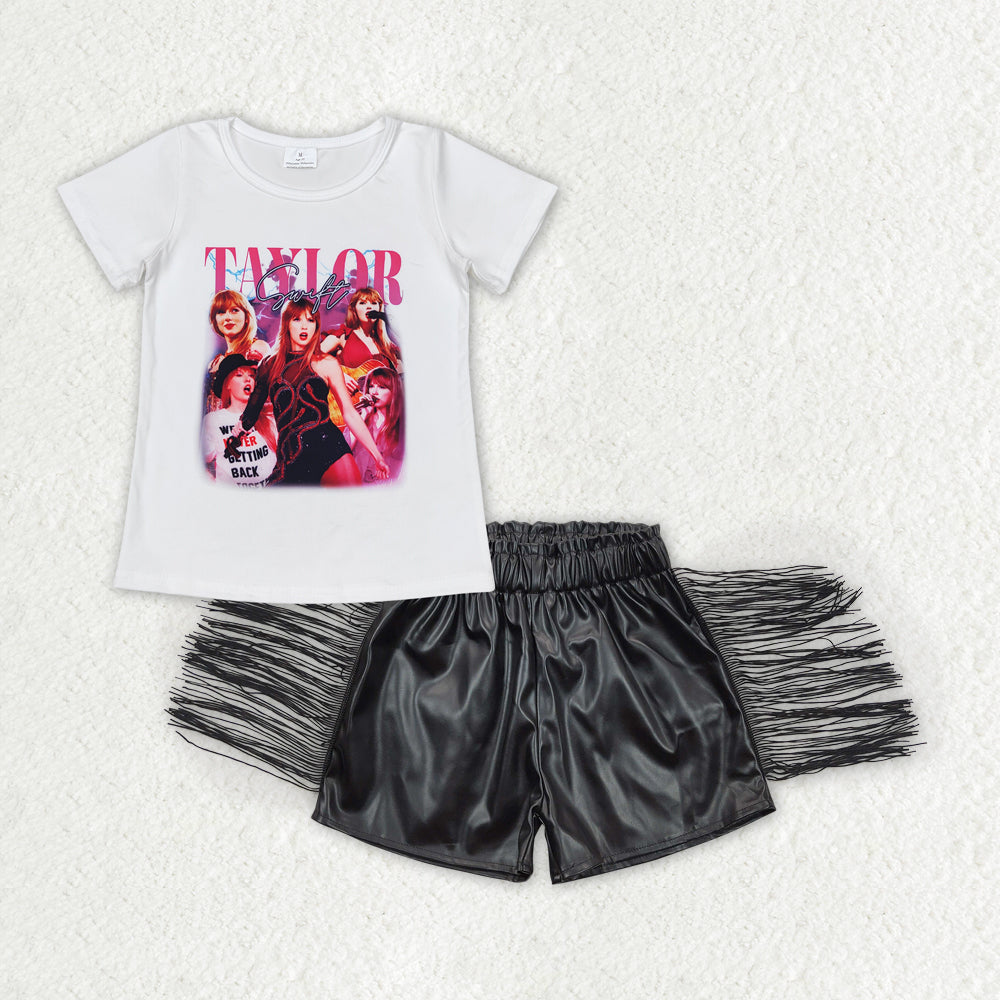 rts no moq GT0604+SS0094 Taylor lettering white short-sleeved top Black shiny leather fringed shorts sets