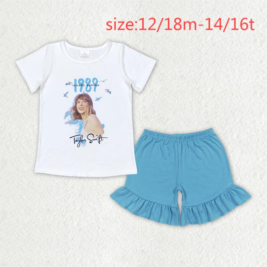 RTS no moq GT0531+SS0272 1989 Taylor Swift white short-sleeved top Light Blue one layer lace shorts