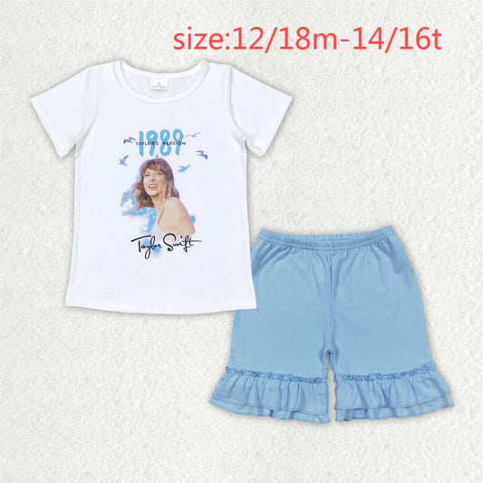 RTS no moq GT0531+SS0183 1989 Taylor Swift white short-sleeved top sky blue lace shorts